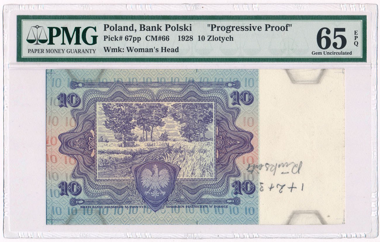 Banknot. 10 złotych 1928 DRUK PRÓBNY PMG65 EPQ